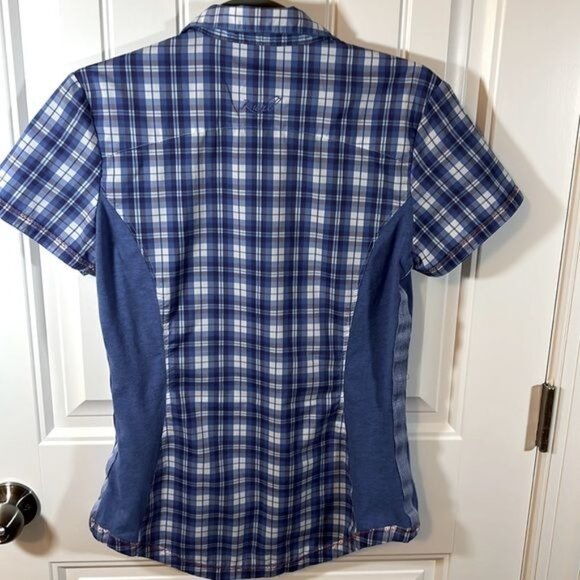 Kuhl women’s blue plaid button up shirt with stretch fabric sides size small - Picture 2 of 10